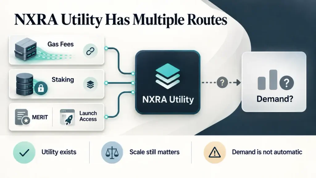 Gas fees, staking, MERIT, launch access feed NXRA utility toward uncertain demand