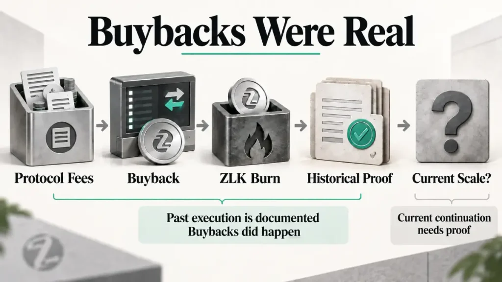 Protocol fees move through buybacks, ZLK burns, documented proof, uncertain continuation