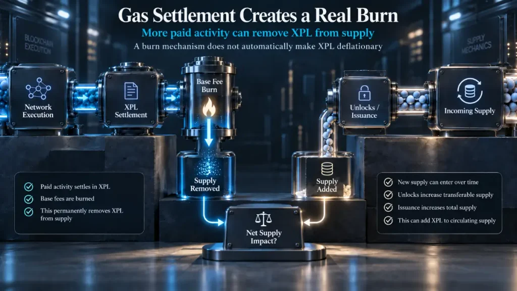 Parallel pipelines compare base-fee burn, supply removal, unlocks, and issuance