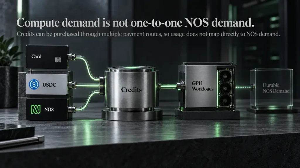 Card, USDC, and NOS inputs feed credits, GPU workloads, and a faint endpoint.