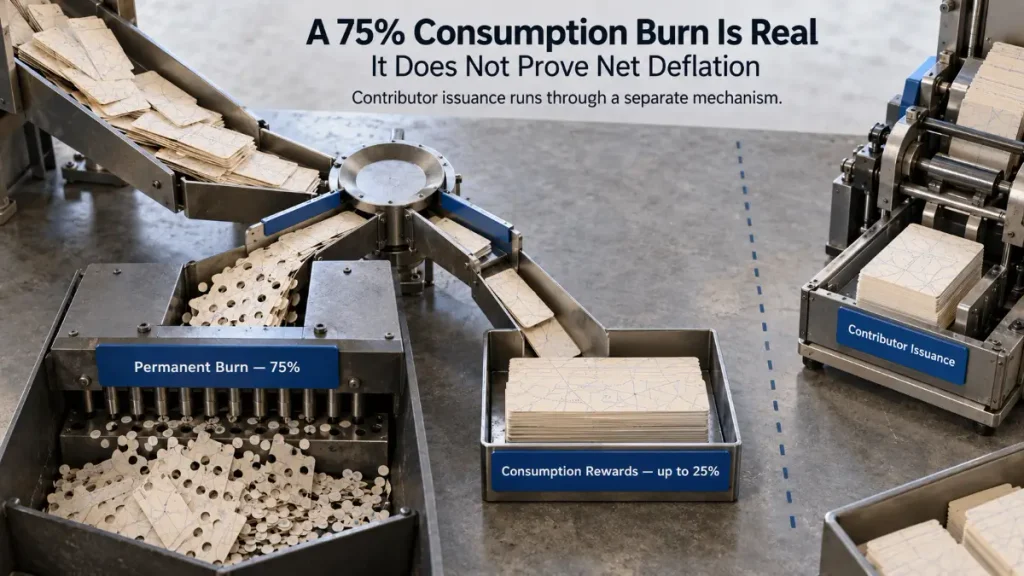 Customer consumption splits into a 75% permanent burn and up to 25% consumption rewards while contributor issuance remains separate
