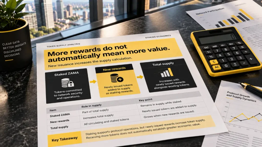 Financial research sheet and yellow calculator showing staked ZAMA, newly issued staking rewards and their effect on total token supply