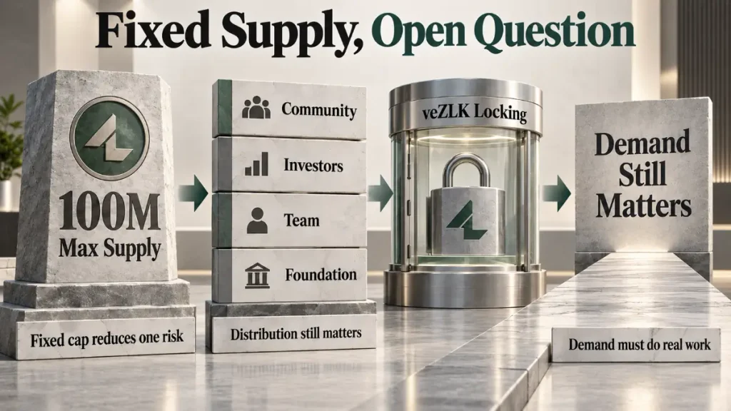 Fixed 100M supply, allocation blocks, veZLK locking, demand requirement appear together