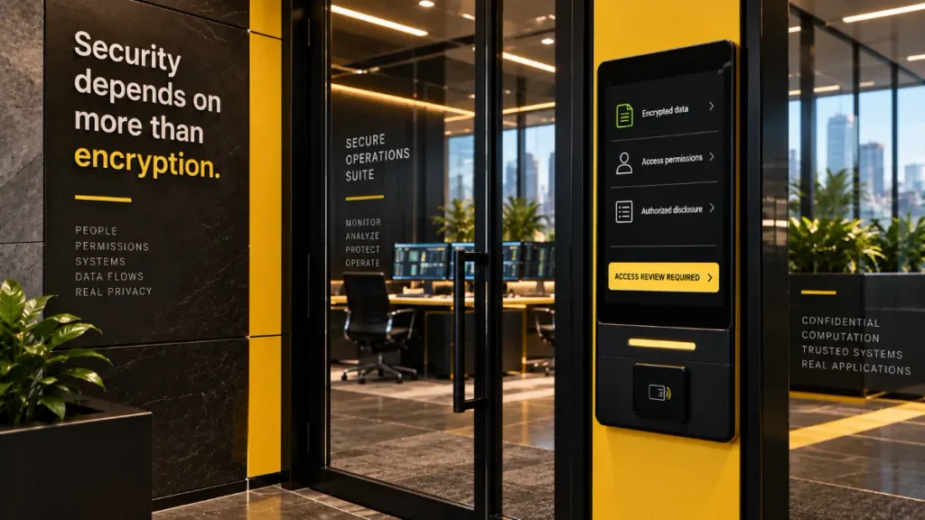 Black-and-yellow secure operations entrance with an access-control terminal displaying encrypted data, access permissions and authorized disclosure