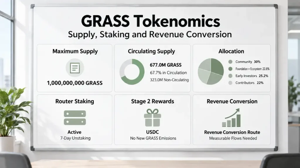 Meeting room board showing Active Staking Rewards to Delegators Manual Slashing Validator Transition and 7 Day Unstaking Lock