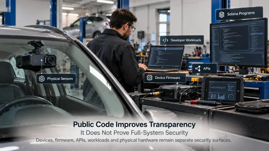 Hivemapper Bee hardware, firmware, APIs, developer workloads, and Solana programs shown as separate security surfaces
