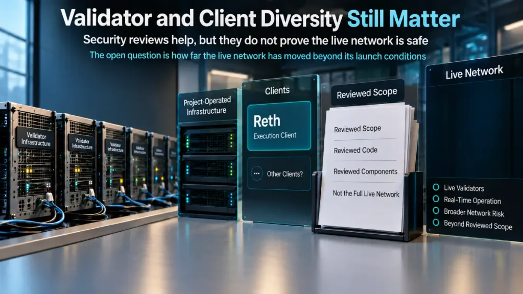 Validator racks sit beside Reth, reviewed-scope, and live-network panels
