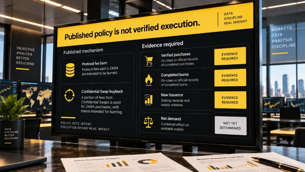 Financial research screen comparing published ZAMA fee-burn and buyback policies with evidence required to verify purchases, completed burns and new issuance