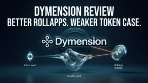 Dymension Review graphic showing token seed, liquidity pool and RollApp module.