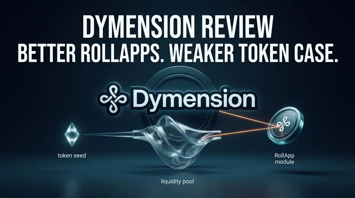 Dymension Review graphic showing token seed, liquidity pool and RollApp module.