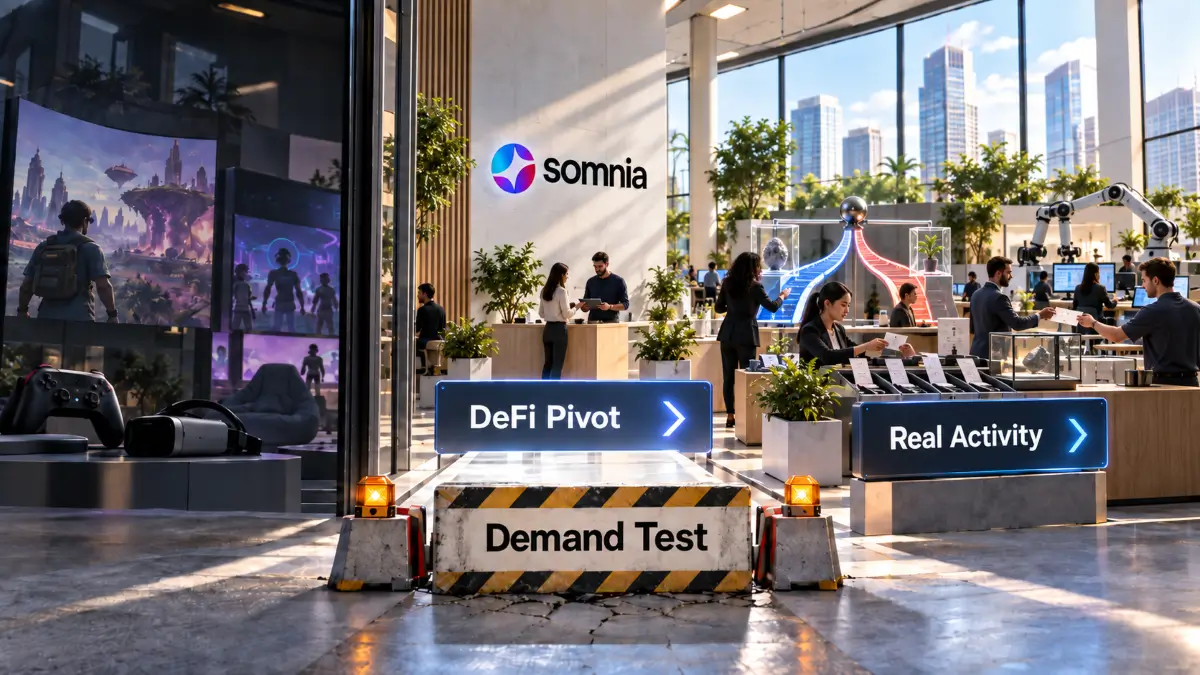 Somnia Review visual showing a shift from gaming and metaverse activity toward DeFi, real activity and demand testing