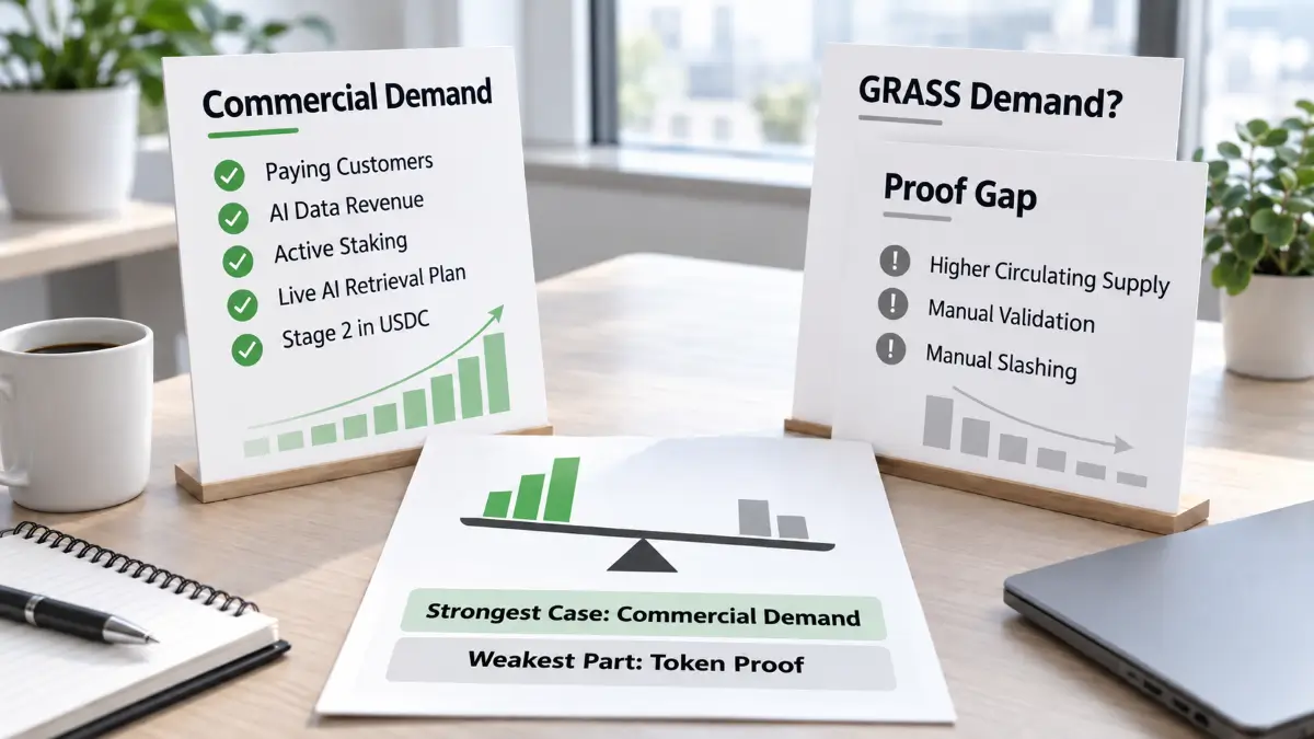Grass Review image showing office board comparing Commercial Demand GRASS Demand and Proof Gap