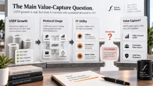 Falcon Finance Review visual showing USDf Growth, Protocol Usage, FF Utility, Demand Gap, Proof Needed, Value Capture