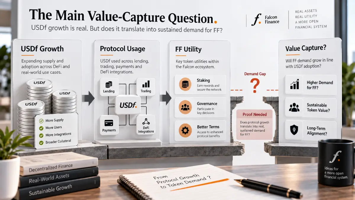Falcon Finance Review visual showing USDf Growth, Protocol Usage, FF Utility, Demand Gap, Proof Needed, Value Capture
