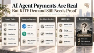Kite Review cover showing agent task panels, stablecoin payment flow, on-chain receipts, KITE utility, demand gap, proof needed