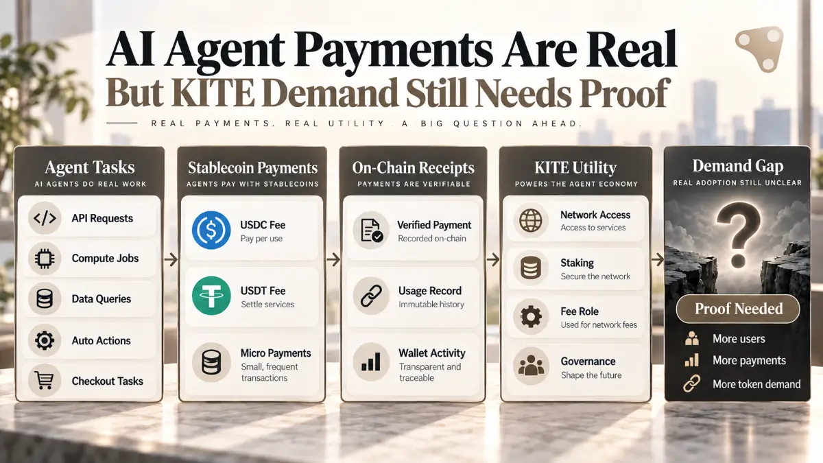 Kite Review cover showing agent task panels, stablecoin payment flow, on-chain receipts, KITE utility, demand gap, proof needed