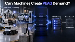 Peaq Network Review graphic showing industrial robot arm, delivery robot, electric vehicle, machine identity, payments, services, trust, PEAQ bonding, token demand, proof needed