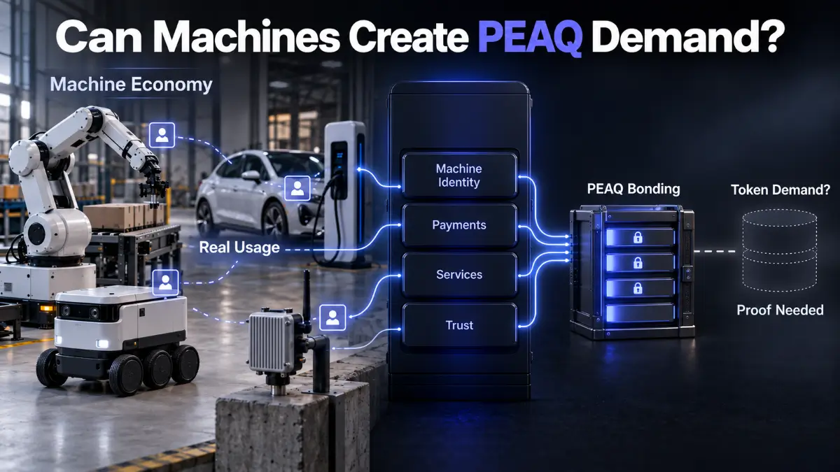 Peaq Network Review graphic showing industrial robot arm, delivery robot, electric vehicle, machine identity, payments, services, trust, PEAQ bonding, token demand, proof needed