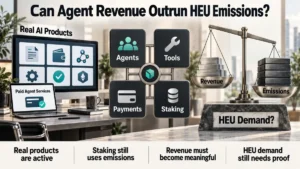 Heurist AI Review graphic shows agent products, revenue, emissions, HEU demand balance