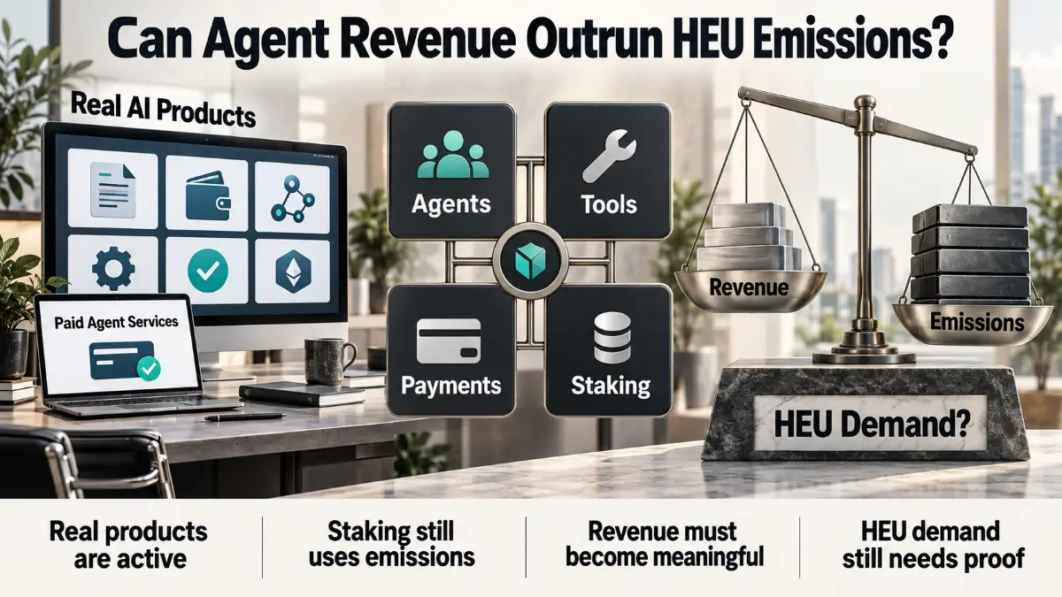 Heurist AI Review graphic shows agent products, revenue, emissions, HEU demand balance