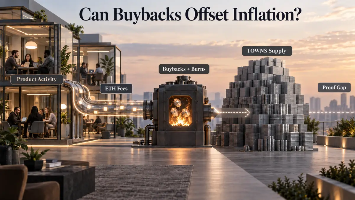Editorial image showing product activity generating ETH fees, a buyback and burn mechanism, TOWNS supply pressure, and a remaining proof gap