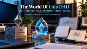Ethereum staking, stETH, governance papers, and an unresolved value capture question shown on a financial research desk