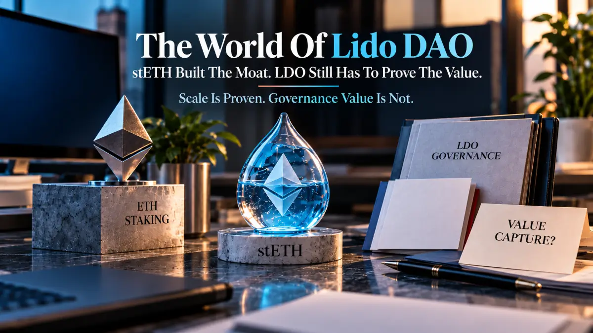 Ethereum staking, stETH, governance papers, and an unresolved value capture question shown on a financial research desk