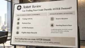 Aster review board comparing trading fee purchases, staker rewards, and separate reserve burns