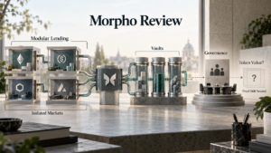 Editorial image showing Morpho modular lending modules, isolated markets, vaults, governance, and an unresolved token value checkpoint.