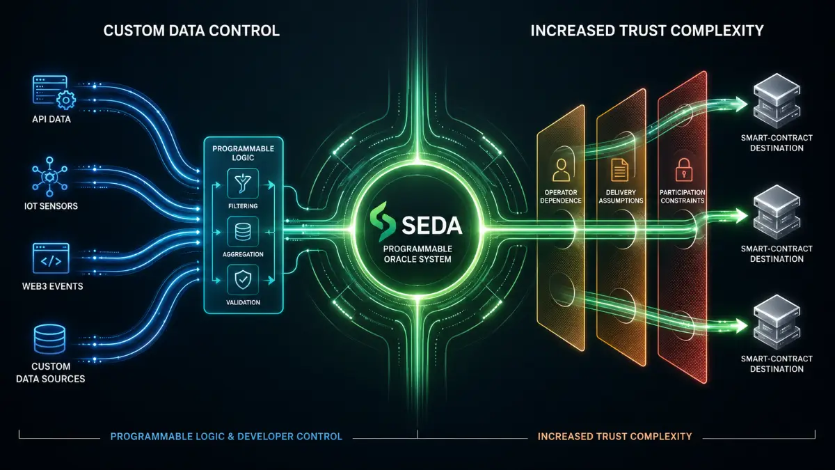Programmable oracle architecture connecting custom data sources with operator, delivery and participation dependencies