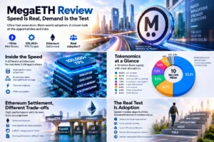 MegaETH Review infographic covering execution speed, tokenomics, Ethereum settlement and adoption
