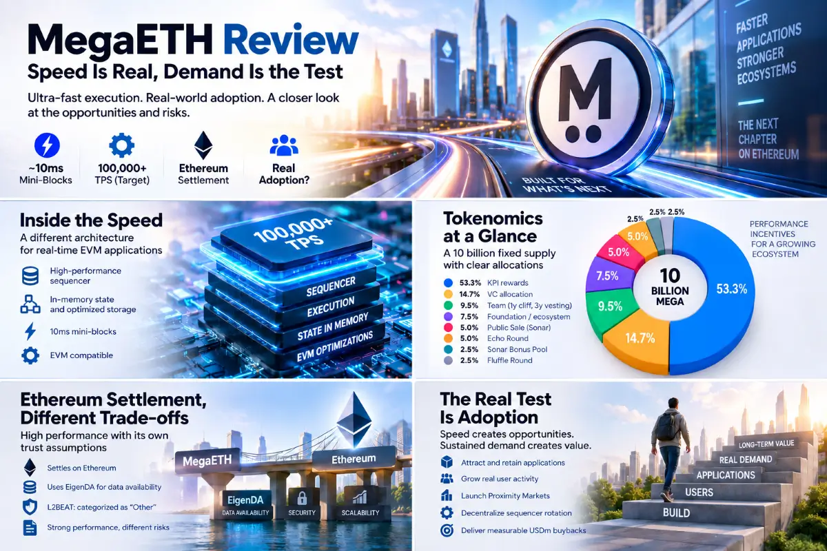 MegaETH Review infographic covering execution speed, tokenomics, Ethereum settlement and adoption