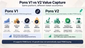 Pons Review visual comparing real launchpad fees with uncertain V2 token value capture