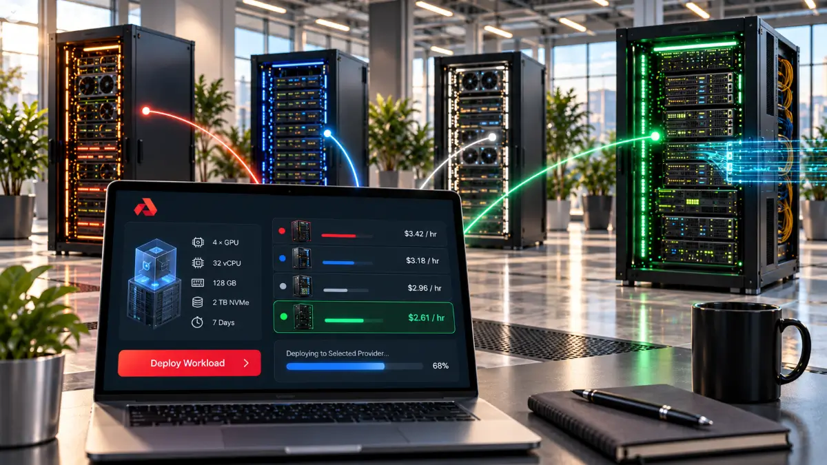 Akash Network Review showing a live compute auction with competing providers, selected lease and workload deployment