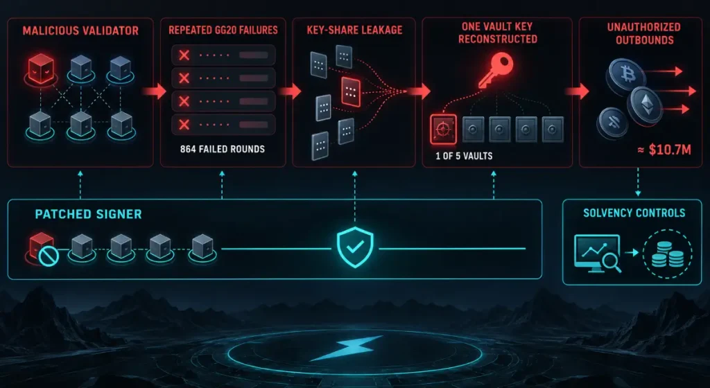 Diagram showing malicious validator activity, repeated GG20 failures, key-share leakage, vault key reconstruction and solvency controls
