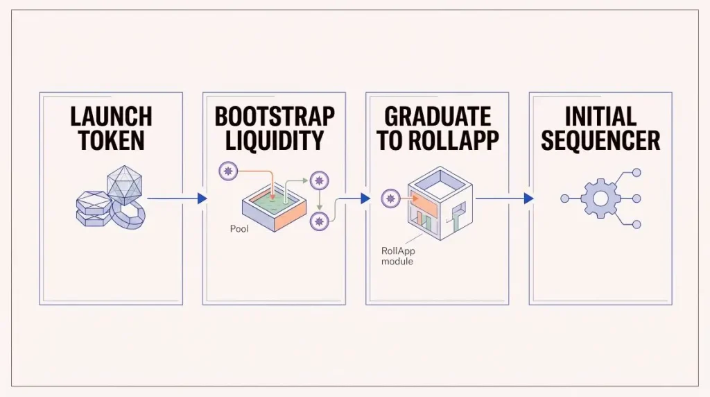 Dymension RollApp flow showing token launch, bootstrap liquidity, RollApp graduation and initial sequencer.