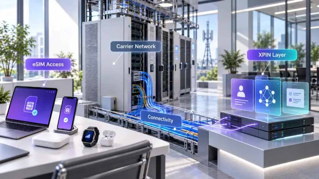 Carrier infrastructure connecting through an XPIN participation layer to digital services and connected devices