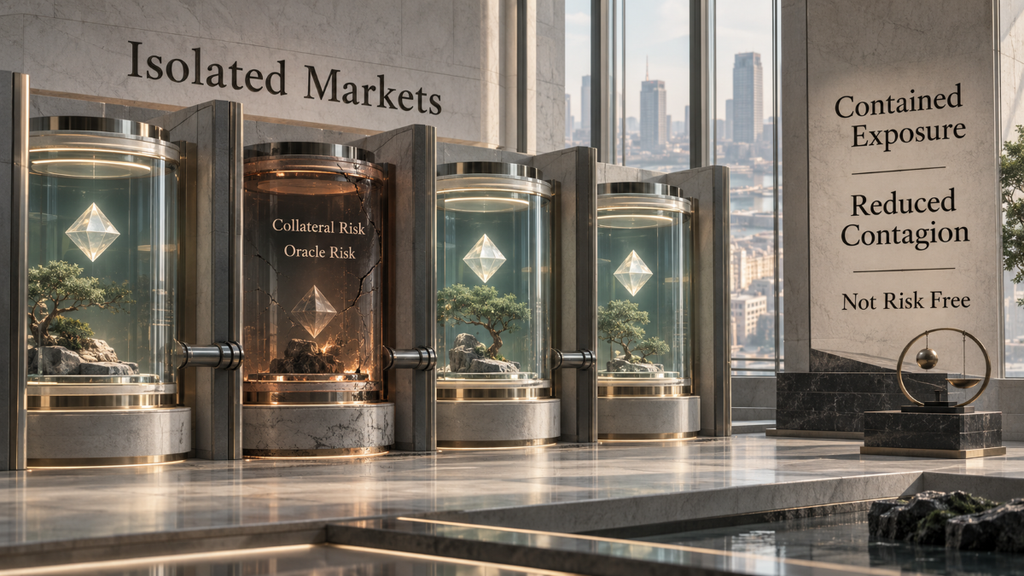 Editorial image showing separate Morpho lending markets with one stressed chamber and limited contagion across nearby stable chambers