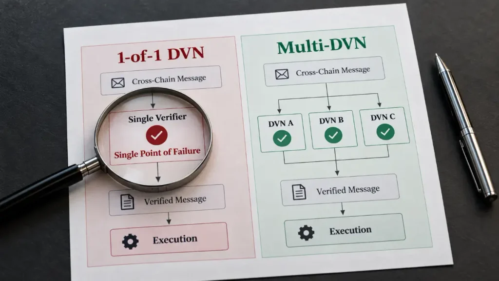 A 1-of-1 DVN route with one verifier beside a multi-DVN route using three separate verifiers before message execution