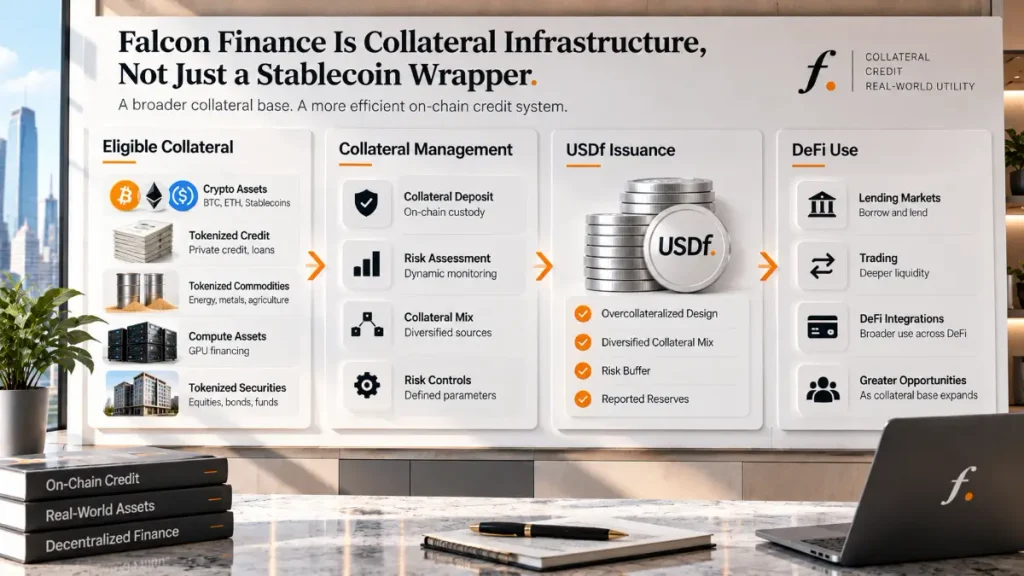 Presentation board showing eligible collateral, collateral management, USDf issuance, DeFi use, risk controls
