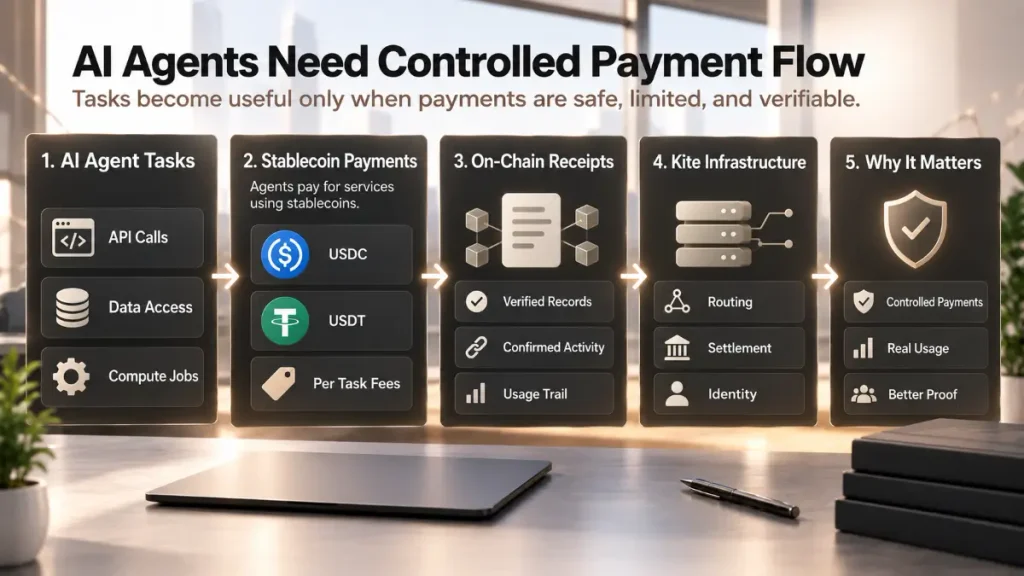 Dashboard showing AI agent tasks, stablecoin payments, on-chain receipts, Kite infrastructure, controlled payments, better proof