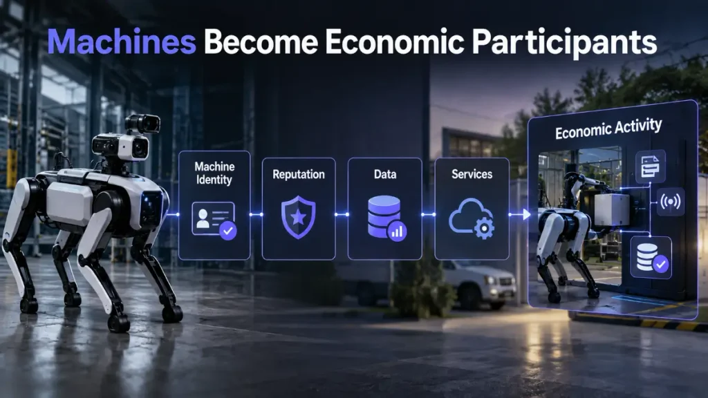 Industrial robot moving through machine identity, reputation, data, services, economic activity