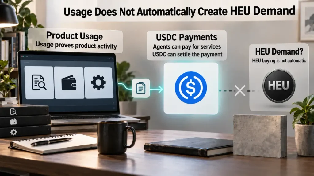 Workspace shows product usage, USDC payments, interrupted path toward HEU demand
