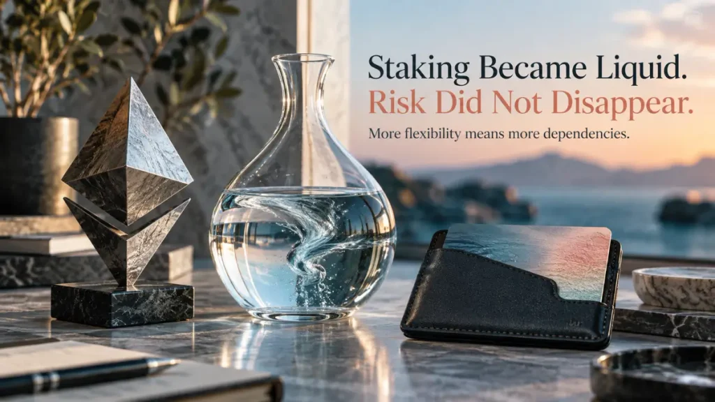 Ethereum staking beside a liquid staking vessel and wallet, showing greater flexibility along with additional risk