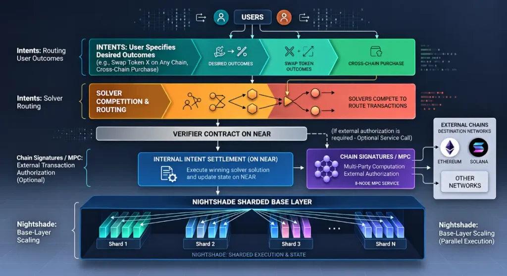 Diagram showing NEAR Intents, solver routing, verifier settlement, optional MPC authorization and Nightshade shards