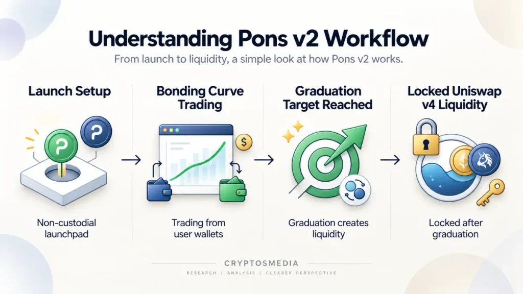 Pons V2 workflow showing launch setup, bonding-curve trading, graduation and locked Uniswap v4 liquidity