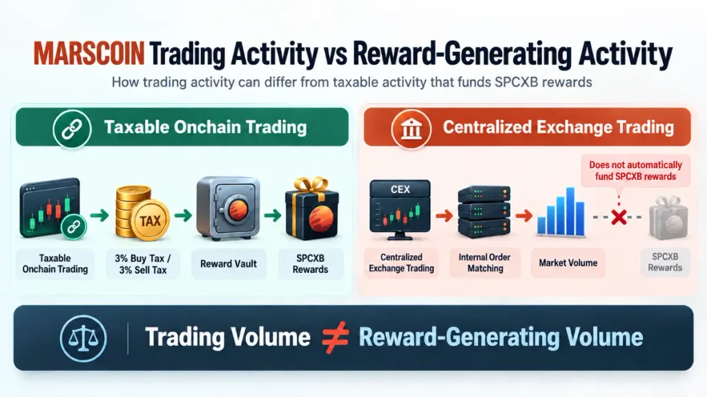 Comparison of taxable MARSCOIN onchain trading and centralized exchange volume for SPCXB reward funding