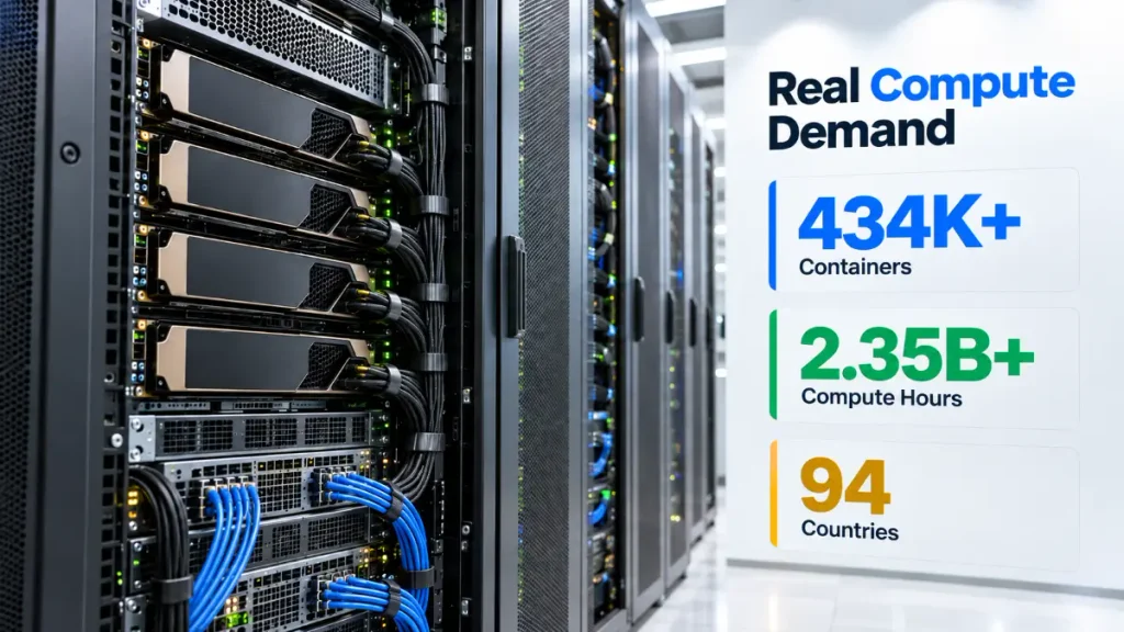 Aethir GPU network showing 434K+ containers, 2.35B+ compute hours and operations across 94 countries