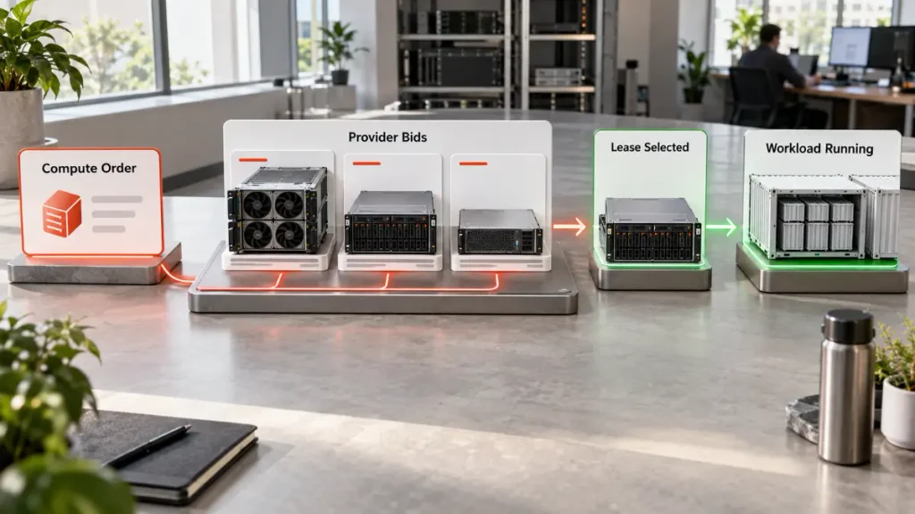 Compute order moving through three competing infrastructure bids to a selected lease and running workload