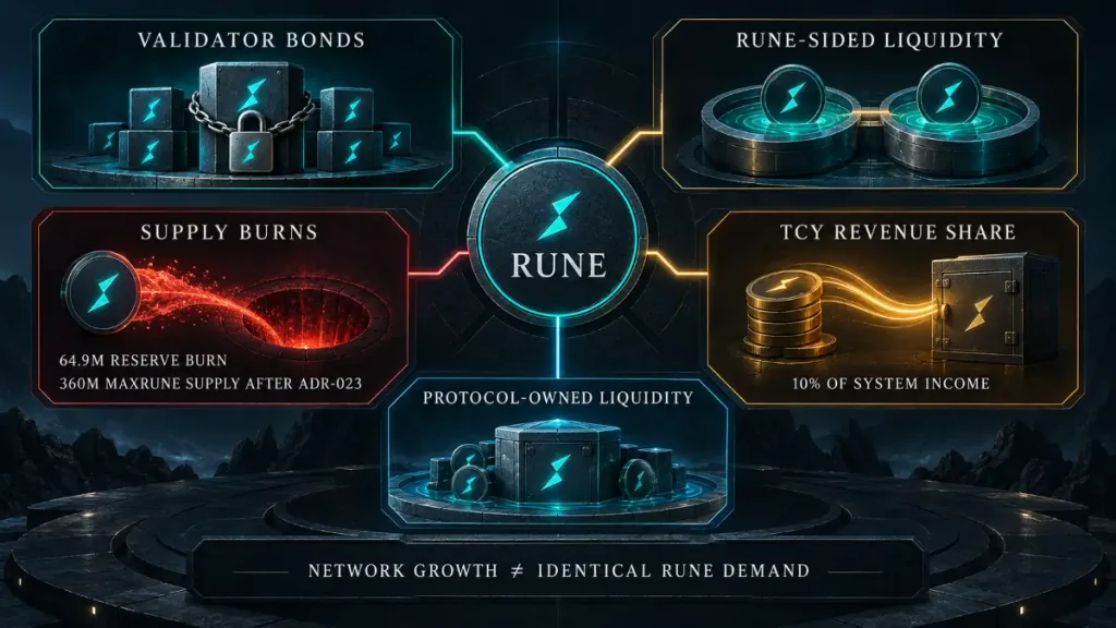 RUNE tokenomics showing validator bonds, liquidity, supply burns, TCY revenue share and protocol-owned liquidity